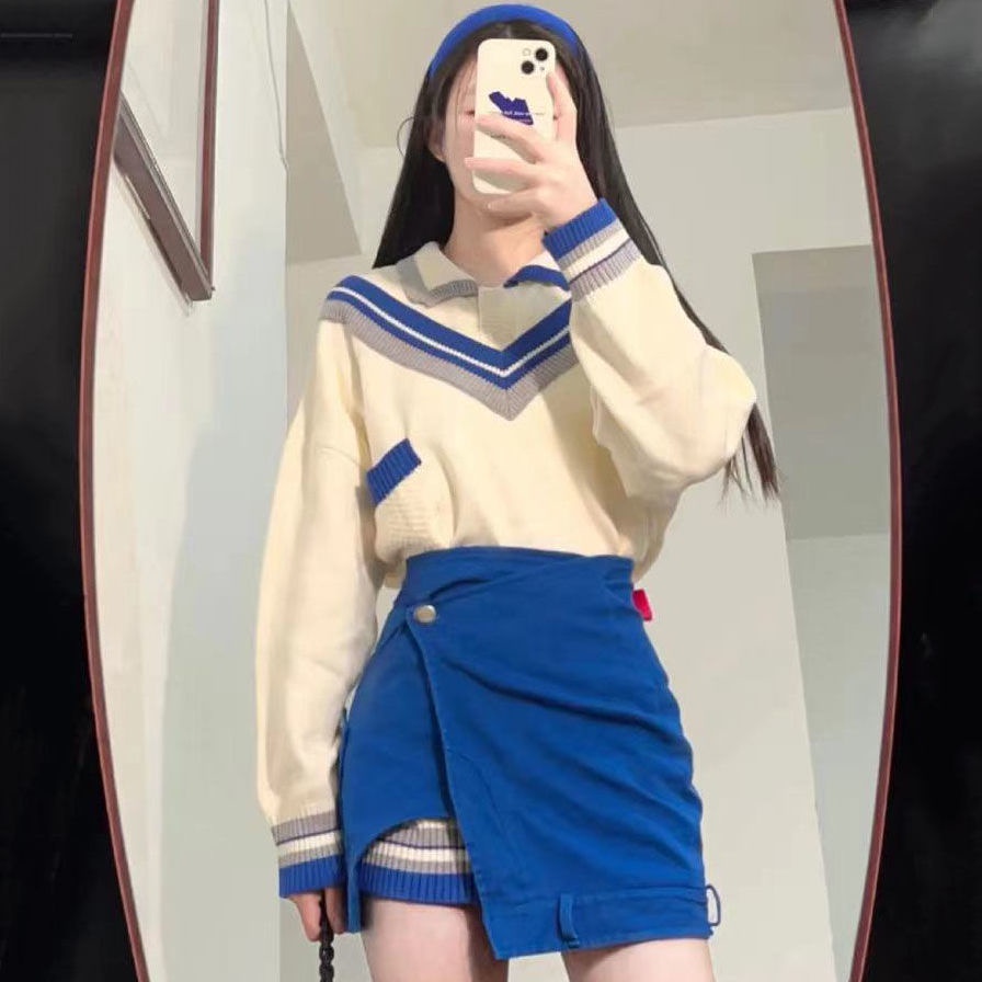 Bộ Áo Sweater Giả Hai Mảnh Màu Xanh Dương Phong Cách Mới 2023