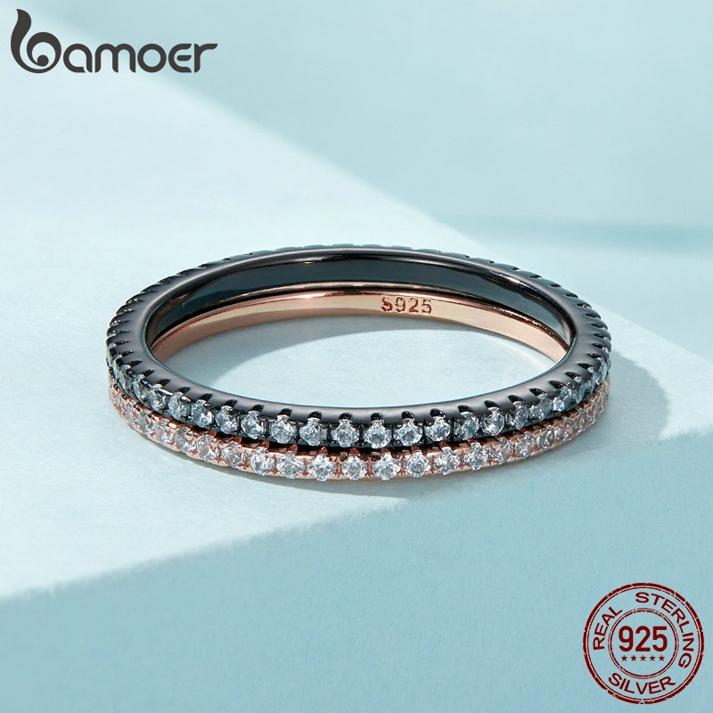 Bamoer Nhẫn Bạc 925 Đính Đá Zircon Đen Đơn Giản SCR066