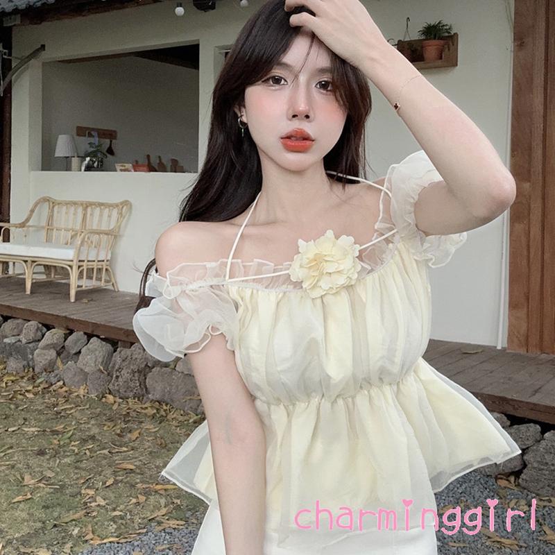 Áo Croptop Trễ Vai Tay Ngắn In Họa Tiết Hoa Thời Trang Mùa Hè Xinh Xắn Cho Nữ