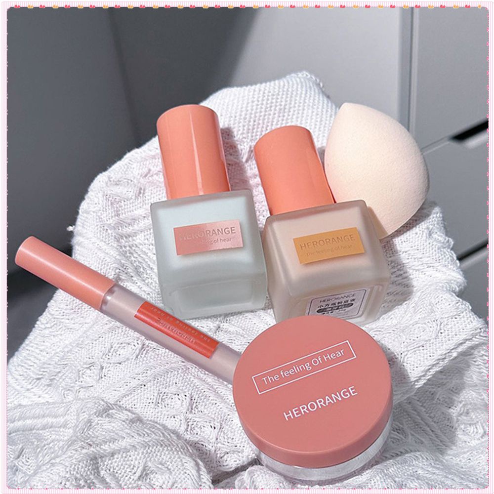 HERORANGE Light Skin Base Makeup Set Box Foundation Kem nền che khuyết điểm Phấn phủ dạng lỏng Trọn bộ phù hợp cho người mới bắt đầu Trang điểm mặt dưỡng ẩm lâu dài TOGO