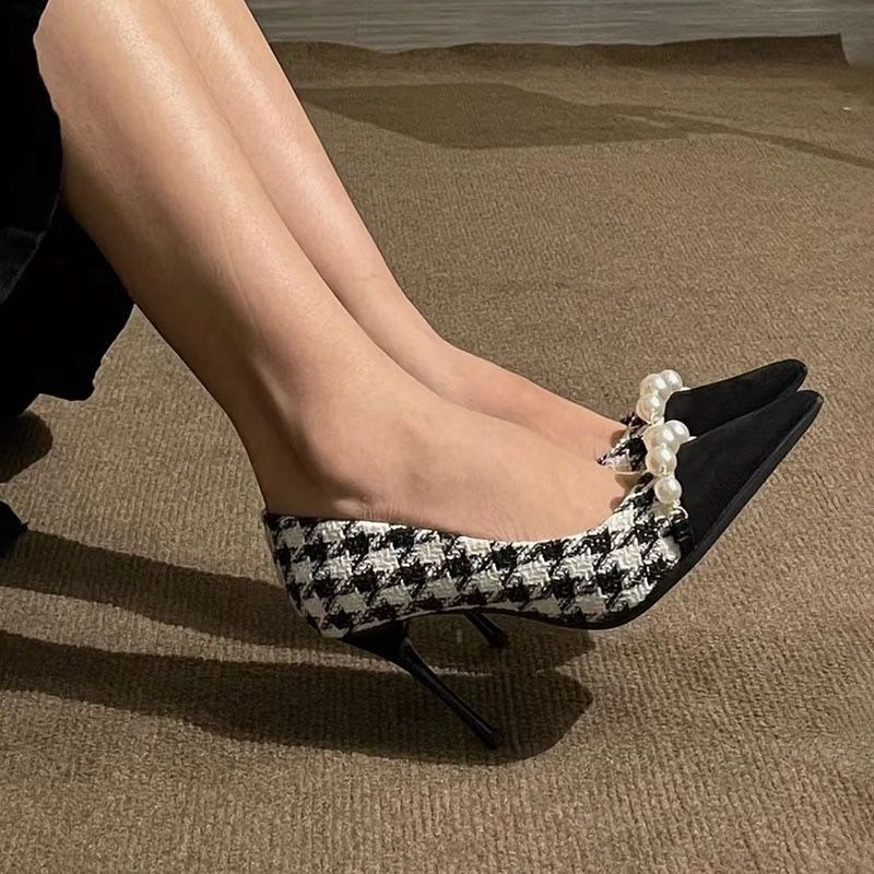 🔥 Hot sale 🔥Giày cao gót mũi nhọn 10cm, họa tiết răng chó săn thời trang Pháp, giày cao gót nữ