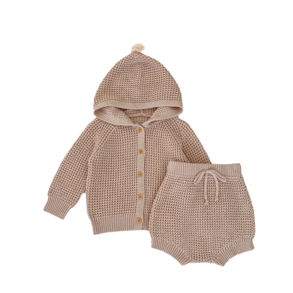 Bộ Áo Cardigan Cotton Có Nón Dệt Kim Màu Trơn Phối Quần Dài Thời Trang Mùa Thu 2023 Cho Bé Gái
