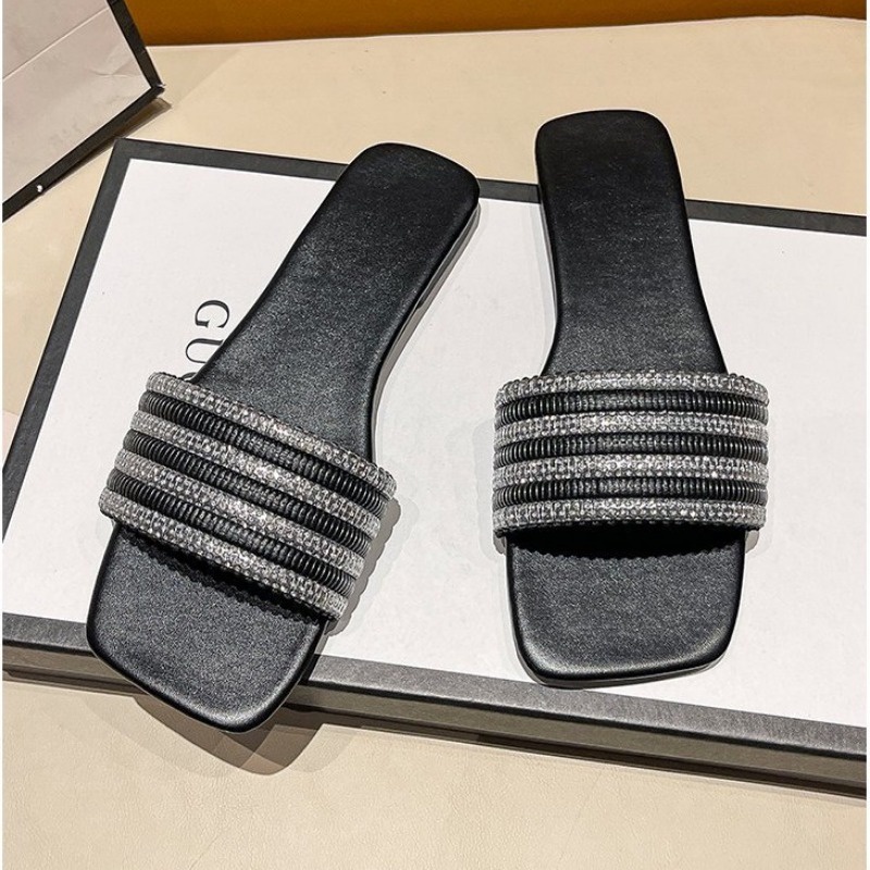 Dép Sandal Đế Bằng Mũi Vuông Đính Đá Phong Cách Thời Trang Hàn Quốc Có size Lớn 35-42 Dành Cho Nữ