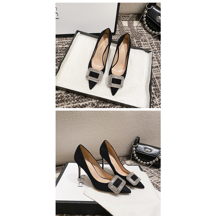 2022 autumn and winter rv all-match suede rhinestone square buckle black high heels women's thin heel pointed professional shoes O8DS