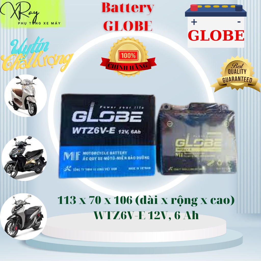 Ắc quy khô xe máy GLOBE WTZ6V-E 12V, 6Ah (10HR)  Airblade 125, Vario 125/150, Click 125, Vision 2014-2020, Mode