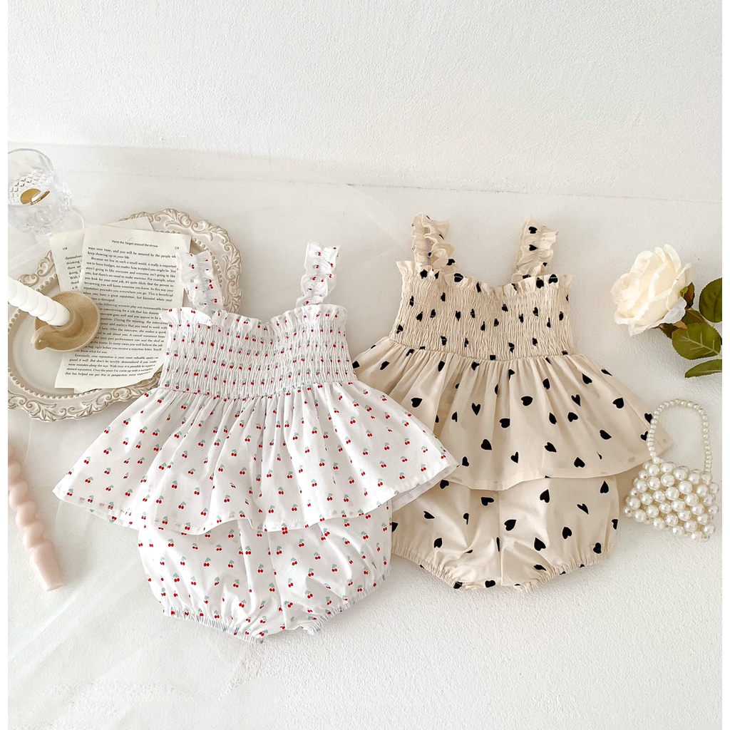 Bộ đồ cho bé gái mùa hè cherry heart sling tops với quần đùi bộ đồ cho bé 0-2 tuổi quần áo sơ sinh c