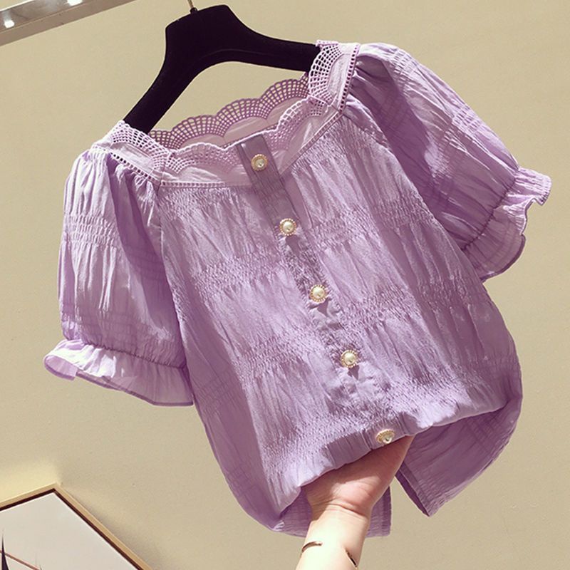 Mùa hè phiên bản hàn quốc áo sơ mi nữ cotton tinh khiết phong cách mới ngắn tay áo sơ mi voan ngọt ngào vừa lớn trẻ em ren all-match áo sơ mi kiểu phương tây,