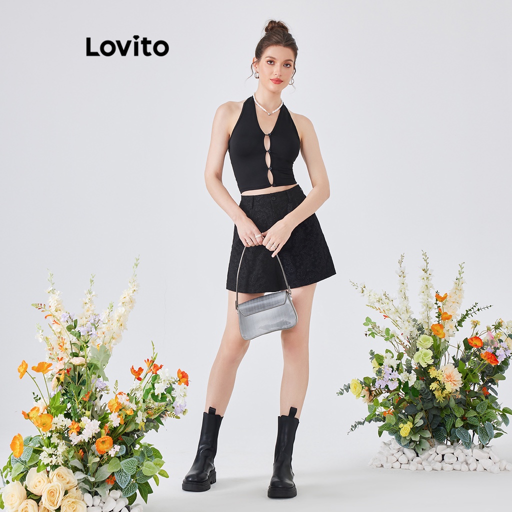 Quần short Lovito phong cách Boho họa tiết hoa dáng chữ A có khóa kéo dành cho nữ L54ED078 (đen)