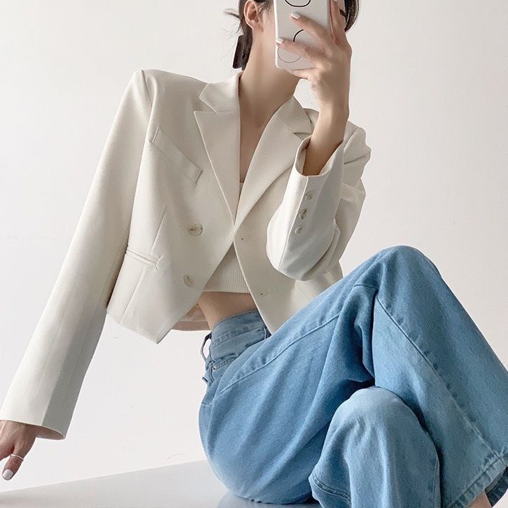 Áo Khoác Vest Dáng Ngắn Màu Trắng Mơ Phong Cách Pháp Thời Trang Công Sở Cho Nữ