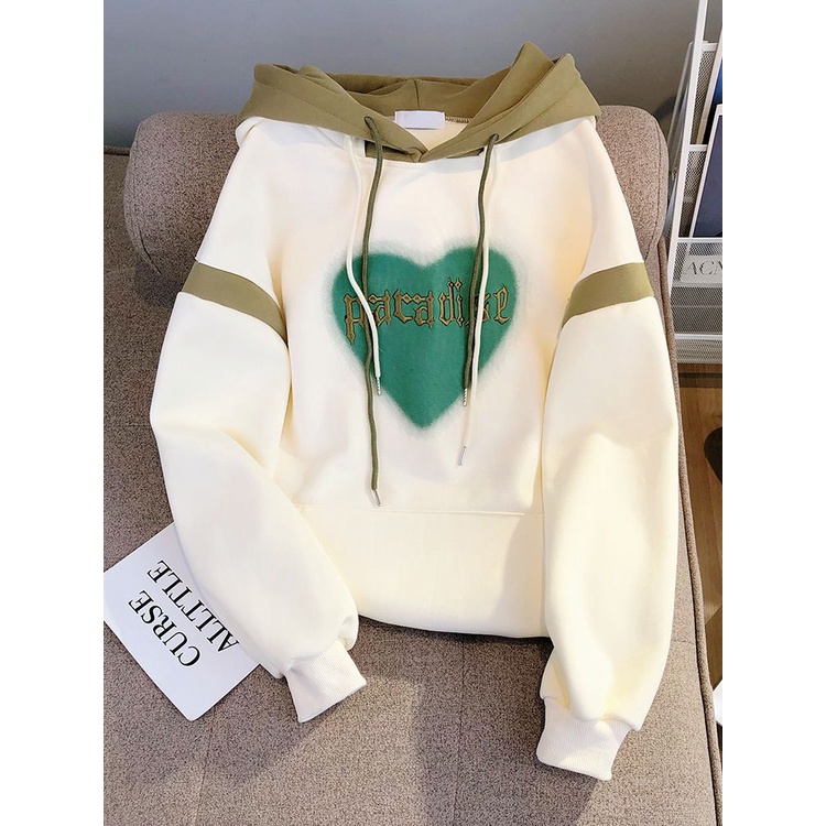 Love pink trùm đầu lông cừu lót dày áo len nữ nhỏ 2023 phong cách mới phong cách preppy lỏng lẻo 100kg hàng đầu