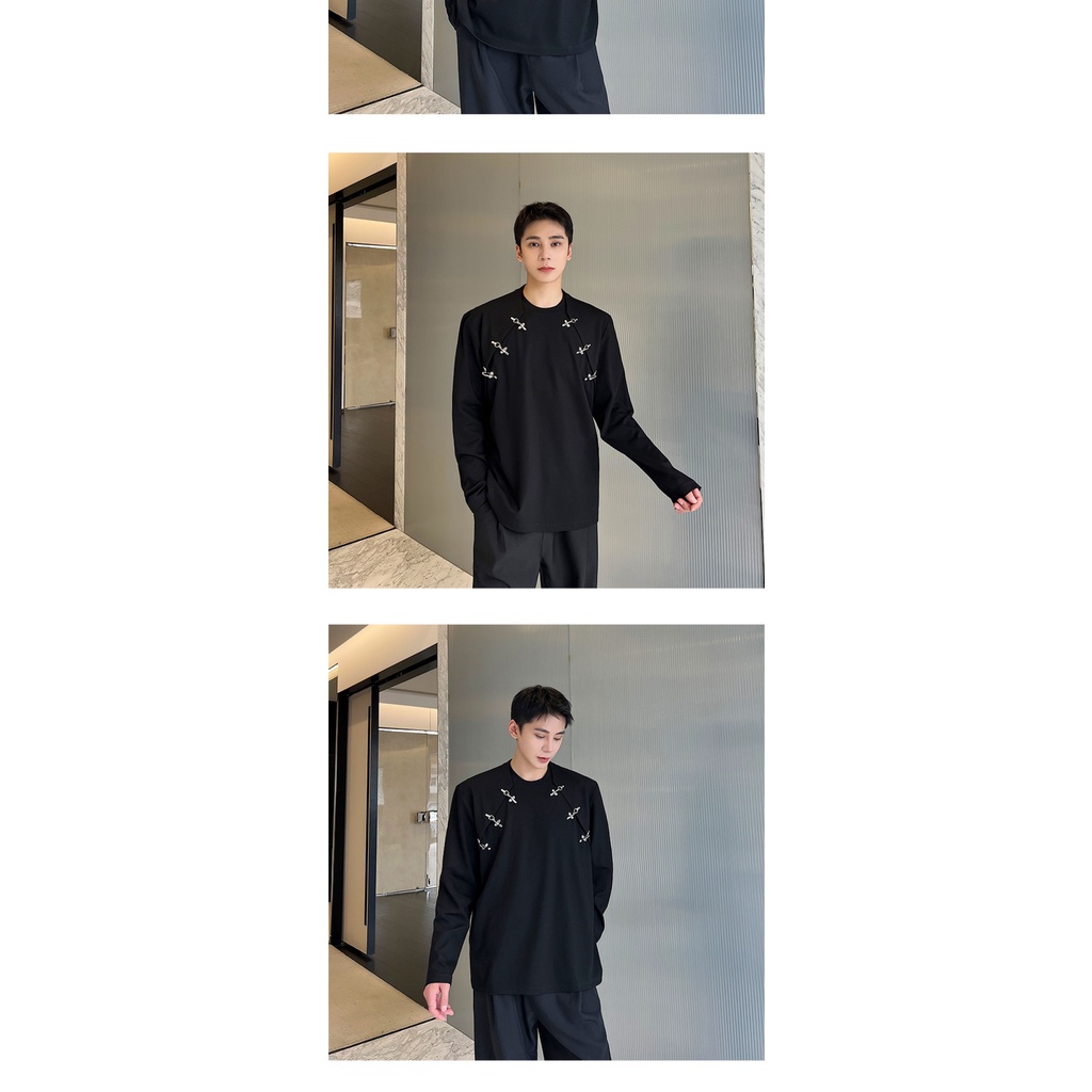 Áo Thun Tay Dài Cổ Tròn Đính Nút Kim Loại Phong Cách Thời Trang Mùa Thu Mới 2023