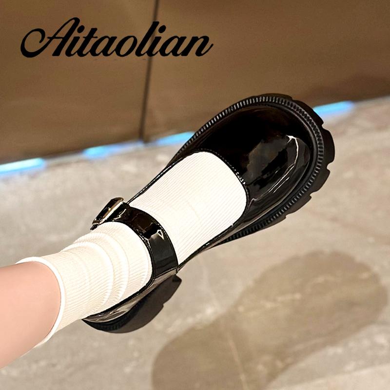 Giày Lười Da Bóng Mũi Tròn Đế Bằng 6cm Phong Cách retro Anh Quốc Thời Trang