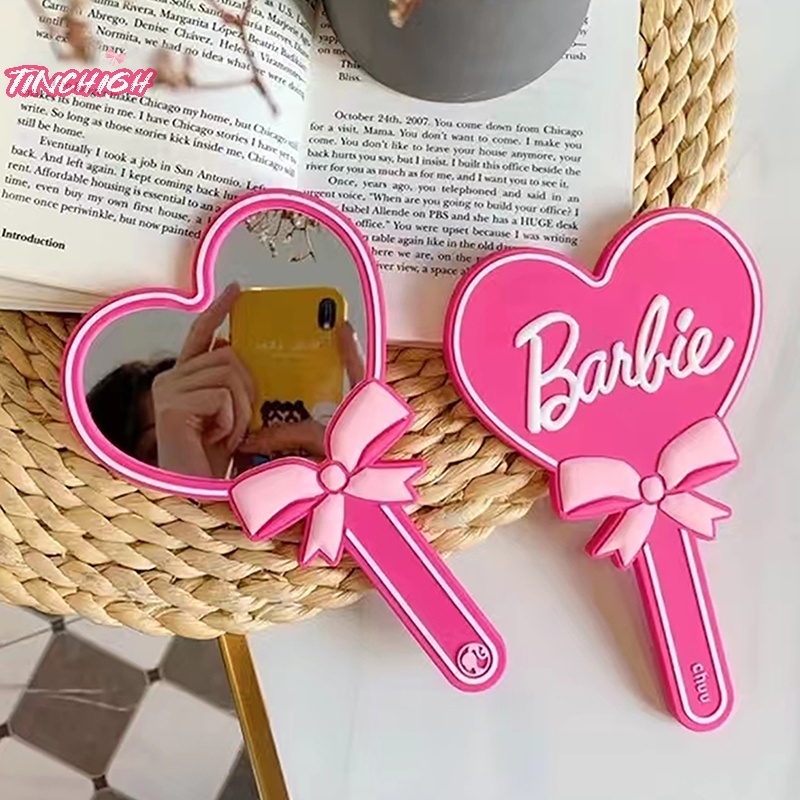 Gương Trang Điểm Cầm Tay Hình Trái Tim In Chữ barbie Màu Hồng Dễ Thương