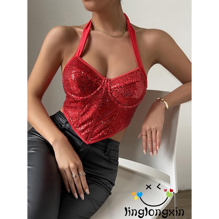 Áo 2 Dây Đính Kim Sa Buộc Dây Hở Lưng Gợi Cảm Cho Nữ