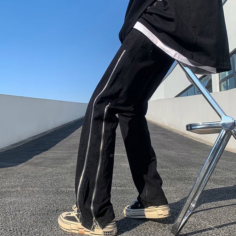 Yazhiniao Quần Jean Ống Suông Phối Khóa Kéo Bên Hông Phong Cách retro Mỹ Cho Nam