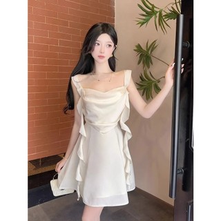 Váy Ngắn Hai Dây Dáng Chữ V Ôm Eo Cao Cấp Màu Trơn Dây Ruy Băng Cho Nữ