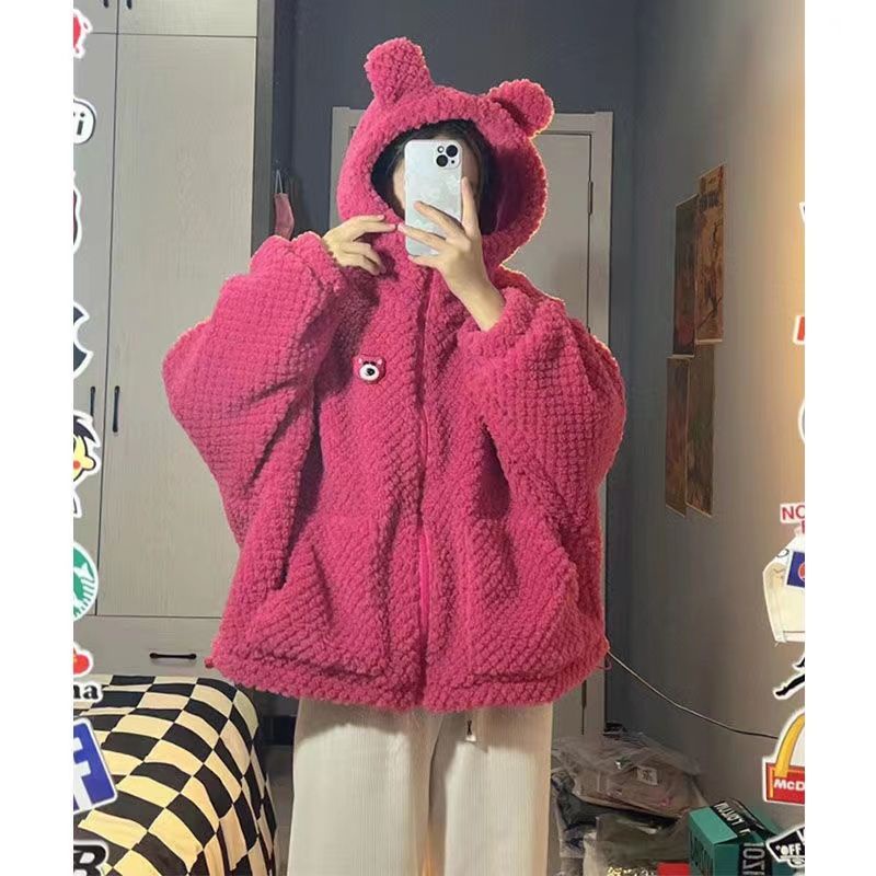 Áo Khoác Cotton Lông Cừu Dày Dặn Đính Tai Gấu Hồng Dễ Thương Thời Trang Thu Đông Cho Nữ