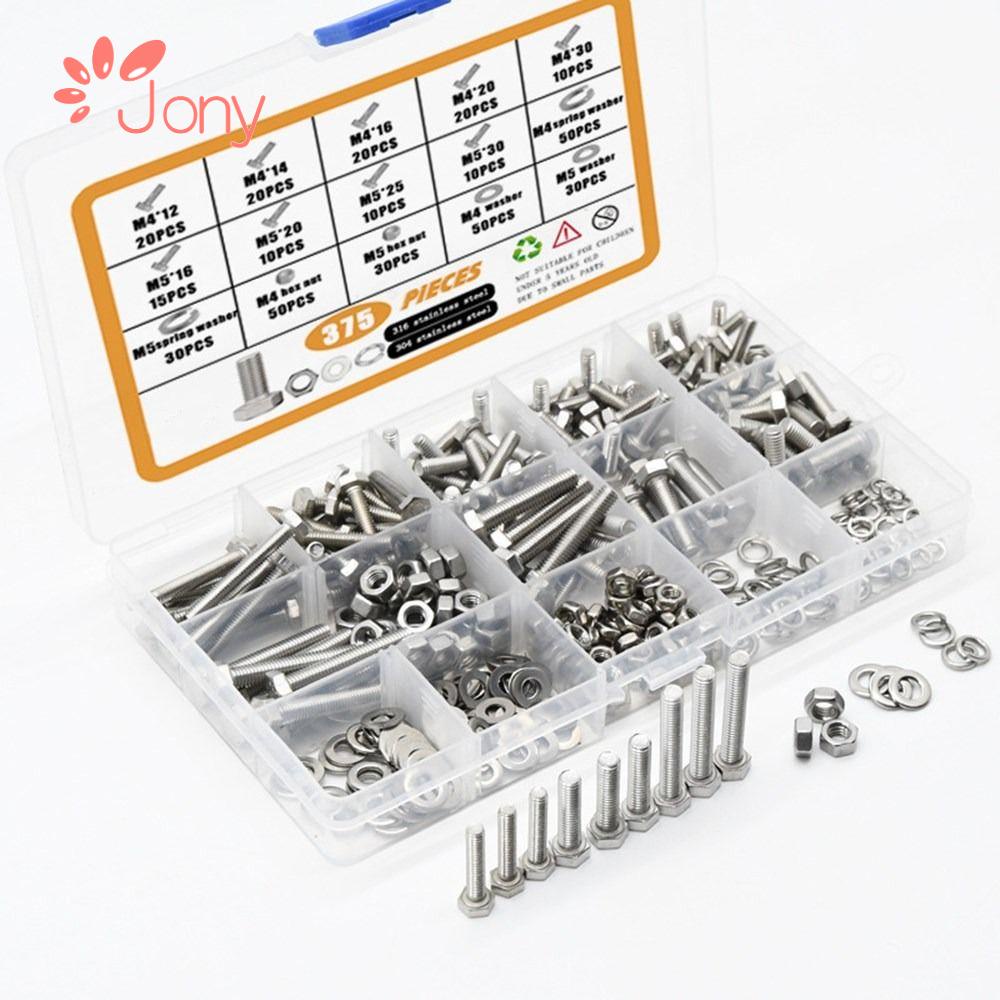 Jy1 375 cái vít lục giác, thép không gỉ 304 với vòng đệm phẳng & khóa các loại bu lông hệ mét, với hộp lưu trữ 9 kích thước phổ biến m4 m5 nuts & bolts kit nghiệp dư