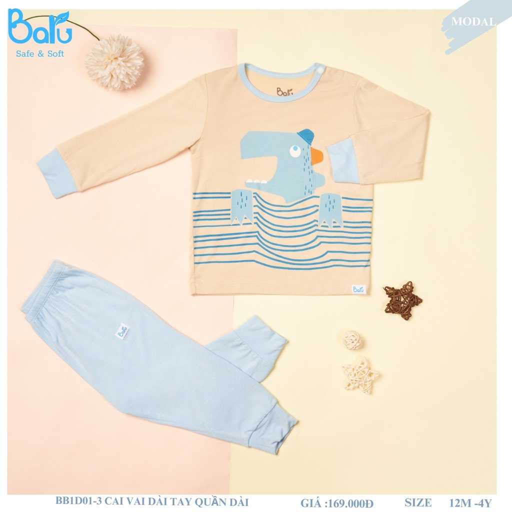 Bộ Baru Modal dài tay in thú cho bé trai bé gái