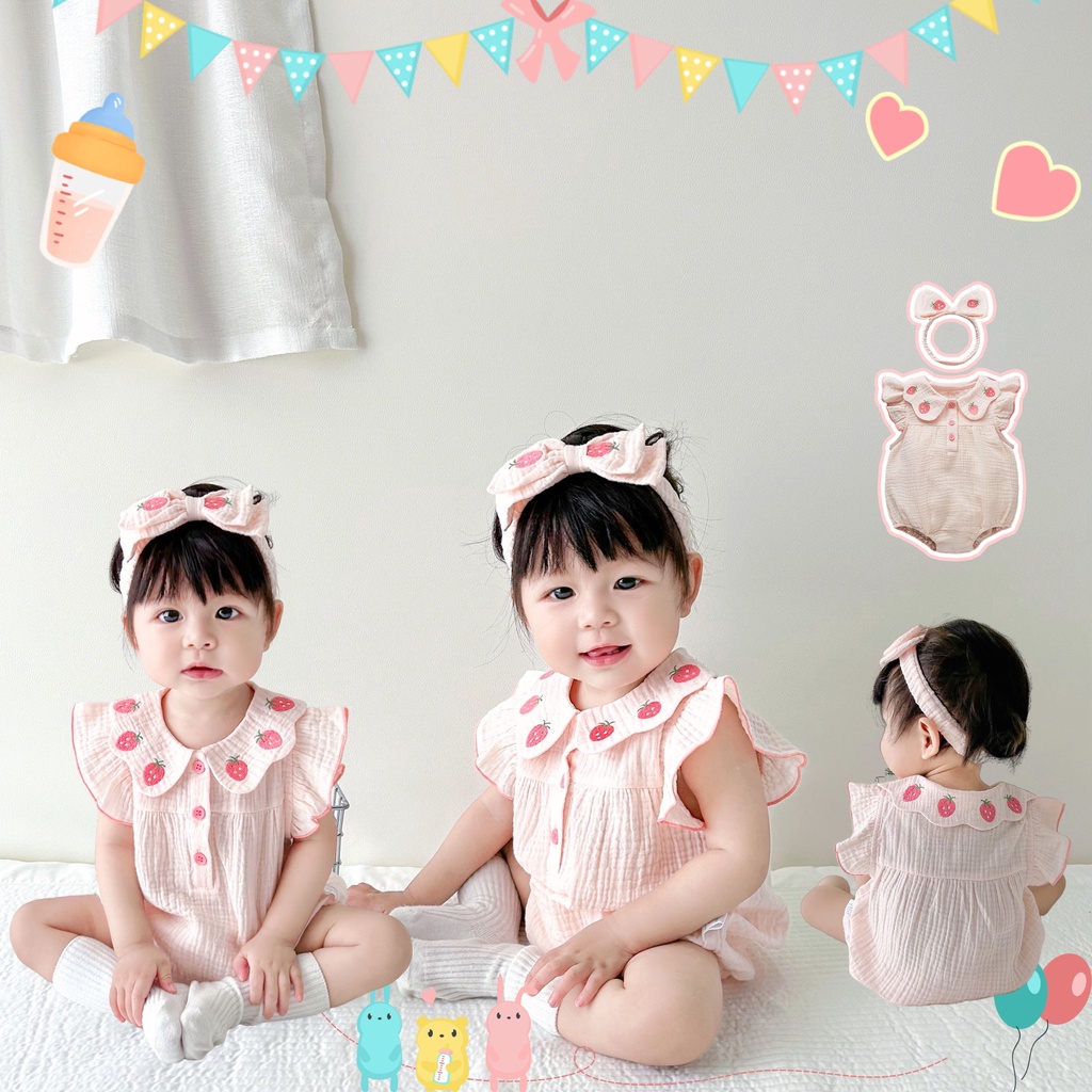 Summer new baby girls bodysuit không tay + quai tóc 0-24 tháng gạc bông cho bé siêu dễ thương sweetheart romper phong cách hàn quốc