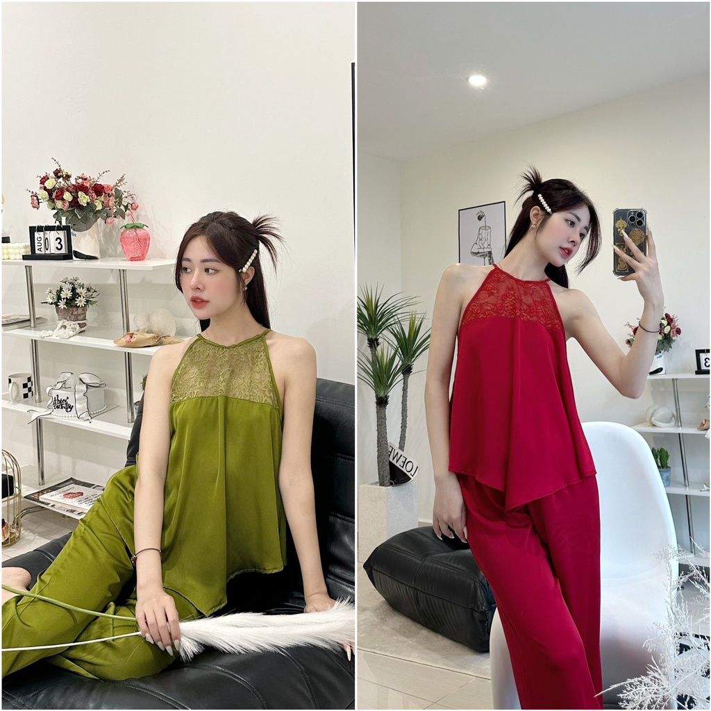 Đồ Bộ, Đồ Ngủ Áo Yếm Phối Ren Sexy Quần Dài Chất Lụa Latin Mịn Mượt Freesize
