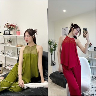 Đồ bộ, đồ ngủ áo yếm phối ren sexy quần dài chất lụa latin mịn mượt freesize