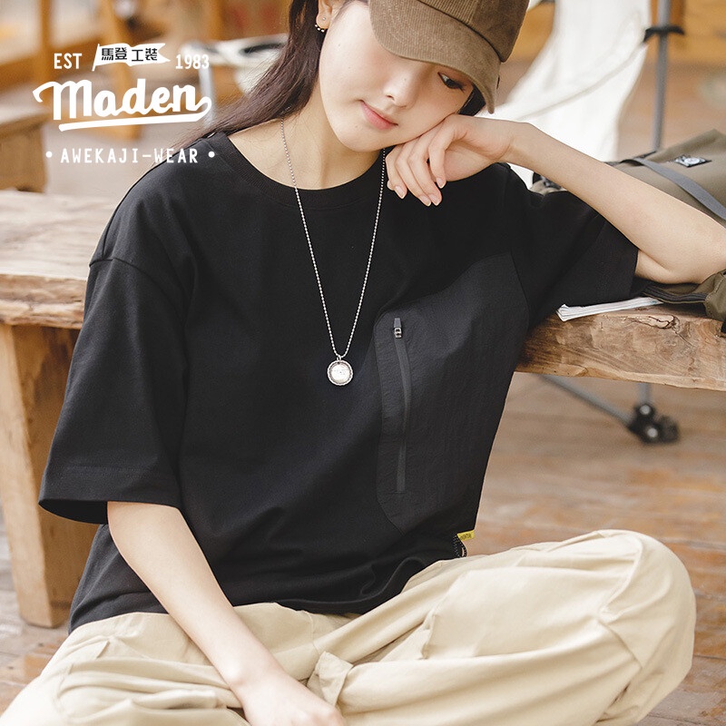 Maden thương hiệu bảo hộ lao động phong cách nữ thanh niên khuôn viên sinh viên mát mẻ mỹ retro đen cotton t-shirt cổ tròn áo pull chức năng túi dây kéo tay ngắn