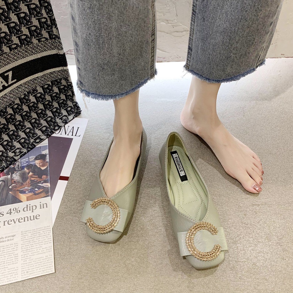 Giày Búp Bê Đế Mềm Mũi Vuông Đính Đá Thời Trang Mùa Xuân Cho Nữ