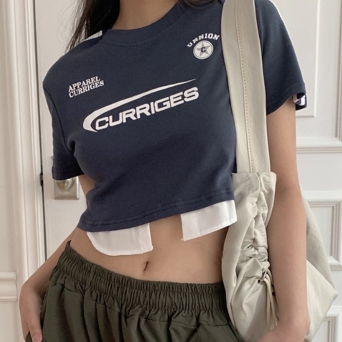 Áo thun croptop BH chất cotton tay ngắn phối màu in hình vintage kiểu Mỹ cho nữ