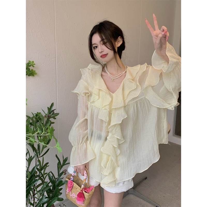 Áo Sơ Mi chiffon Tay Dài Phối Bèo Màu Tím Ngọt Ngào Xinh Xắn Size s-3xl Cho Nữ