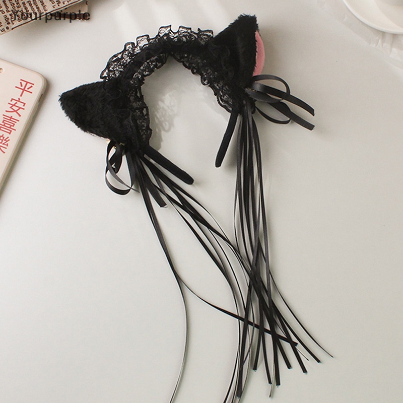 Yourpurple Maid phụ nữ ruffles ren Headband sang trọng Mèo Tai Ribbon chuông tóc Hoop cosplay VN