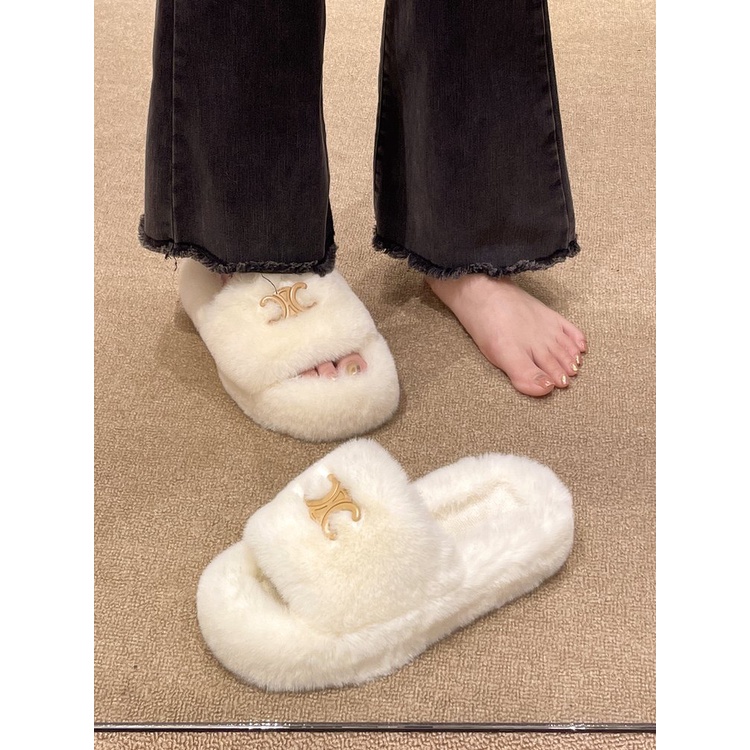 Dép bông đi trong nhà gót giữa  da lộn cao su đế phẳng