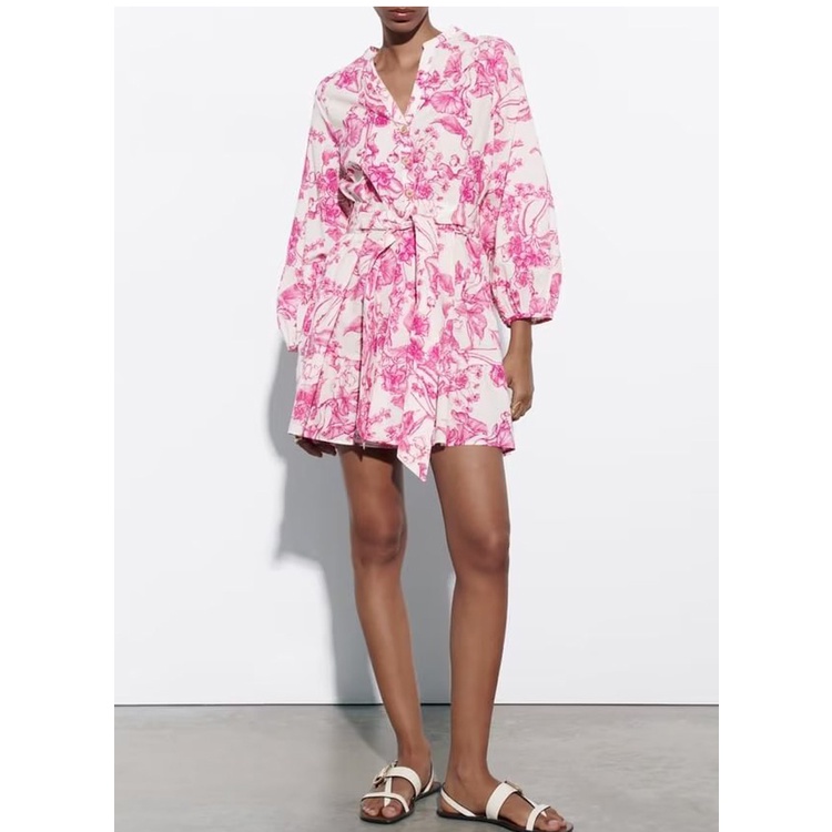 Trf 23 Đầm Ngắn Cổ Chữ V Tay Dài In Họa Tiết Phong Cách Pháp Có Thắt Lưng Trang Trí Mùa Hè3462271