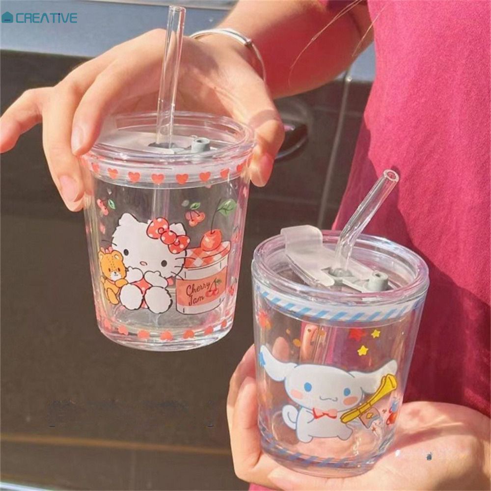 Cốc Có ống Hút Thủy Tinh Joyfeel 280ml Sanrio Có Nắp Ống Hút Cốc Nước Giải Khát Hello Kitty Chai Thủy Tinh Cốc Cà Phê Sữa để Làm Quà Tặng [COD]