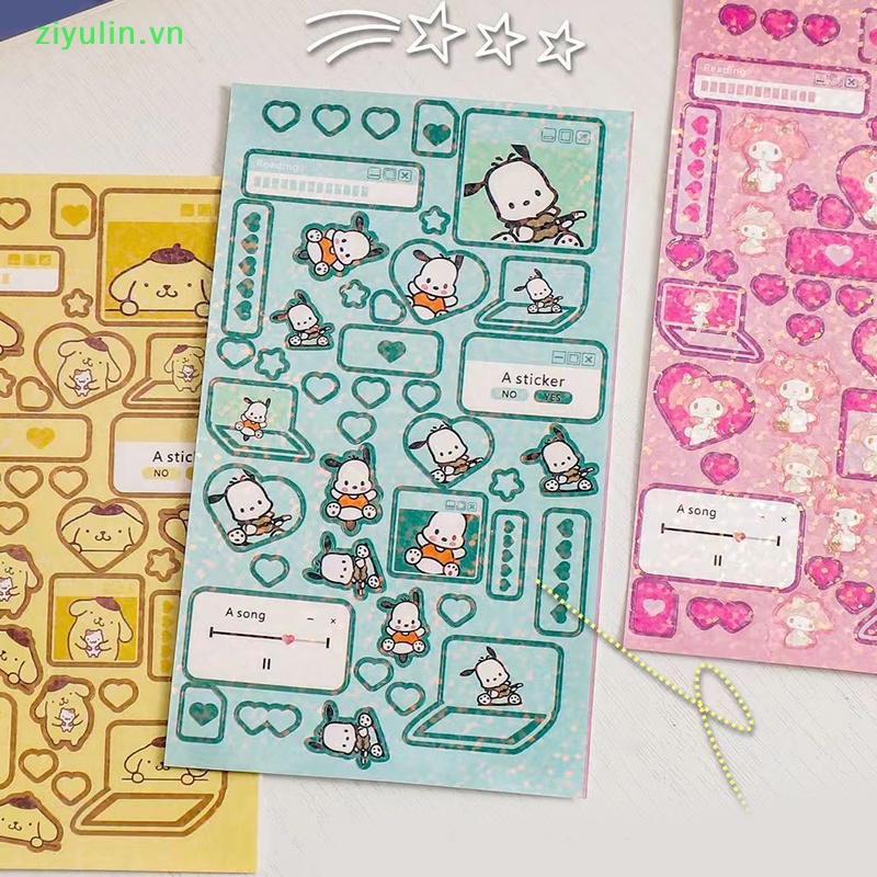 Ziyulin 6sheets / set hình dán laser hoạt hình dễ thương kawaii melody kuromi hello kitty decals trang trí không thấm nước diy sticker kids toys vn
