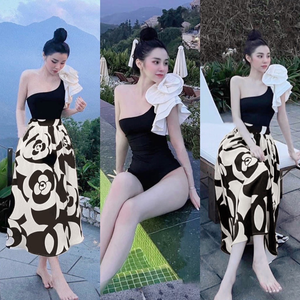 Set đồ nữ đi biển váy xòe họa tiết Jumsuit áo lệch vai gắn hoa kèm chân váy xinh đẹp đi dạo đi chơi cá tính
