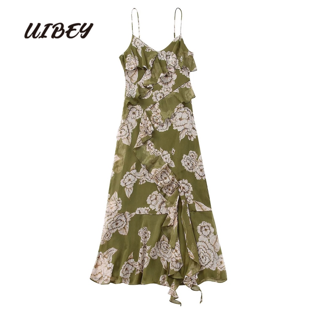 Uibey v-cổ xếp chồng trang trí váy in hoa 8931