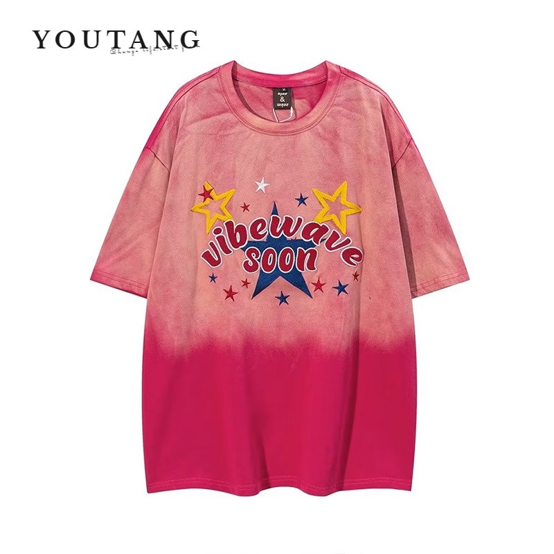 Áo thun YOUTANG tay ngắn dáng rộng màu hồng gradient họa tiết chữ thời trang retro hip-hop Mỹ