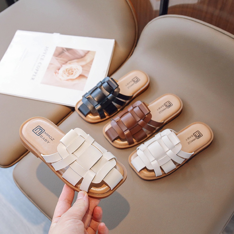 Dép da dệt cổ điển cho bé gái màu sắc đơn giản thoải mái đế mềm chống trượt giày trẻ em 3-16 tuổi