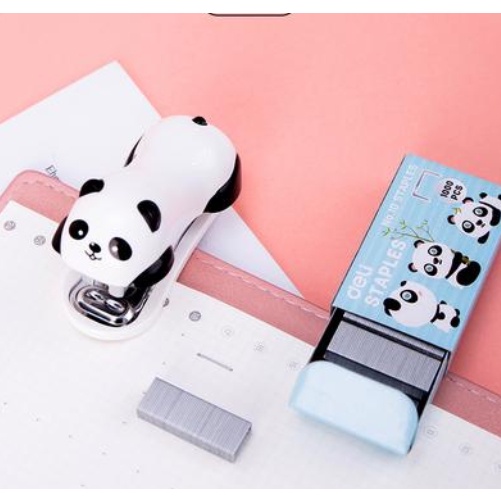 Dập ghim học sinh văn phòng mini Deli 12 trang, Ghim bấm giấy số 10 màu pastel hình gấu trúc dễ thương