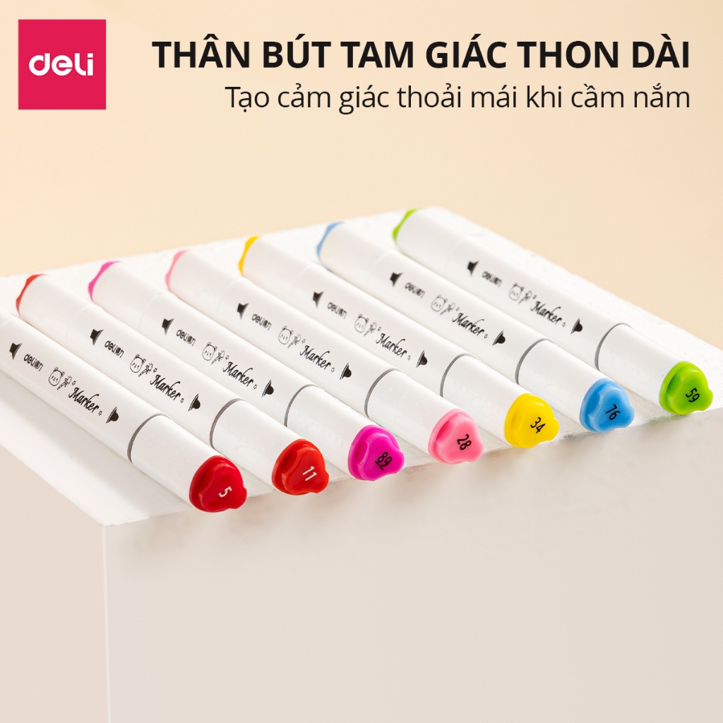 Bút Màu Dạ Marker 2 Đầu Cho Học Sinh Deli - 12/24/36/48/60 Màu Có Thể Rửa, Giặt Sạch Calligraphy Tô Màu Đi Nét Vẽ Tranh