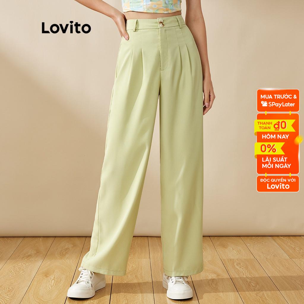 Lovito Quần Dài Ống Rộng Lưng Cao Nhạt L20D1046 (Màu Xanh Lá)