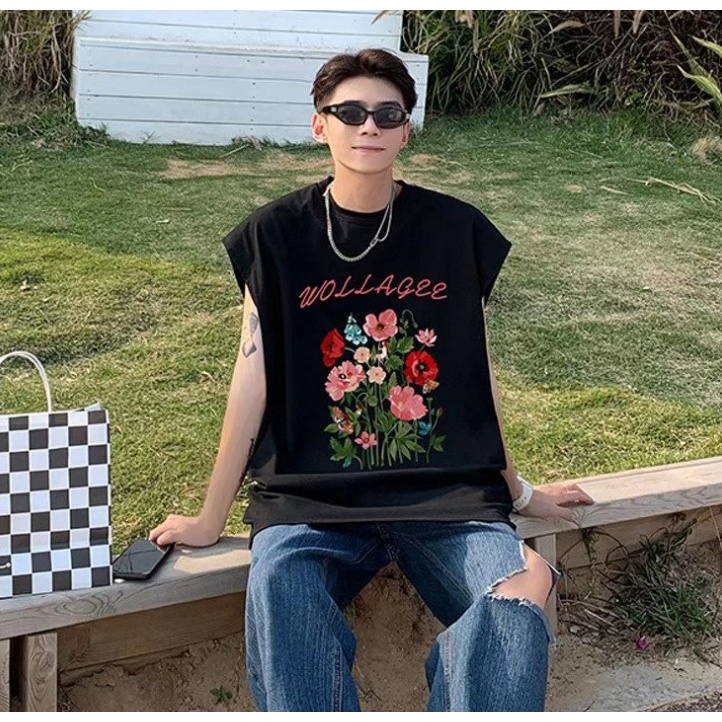 Mùa hè nam vest đường phố mặc ins style cartoon in t-shirt phong cách hồng kông cặp đôi all-match áo ghi lê không tay cổ tròn loại rời m-3xl