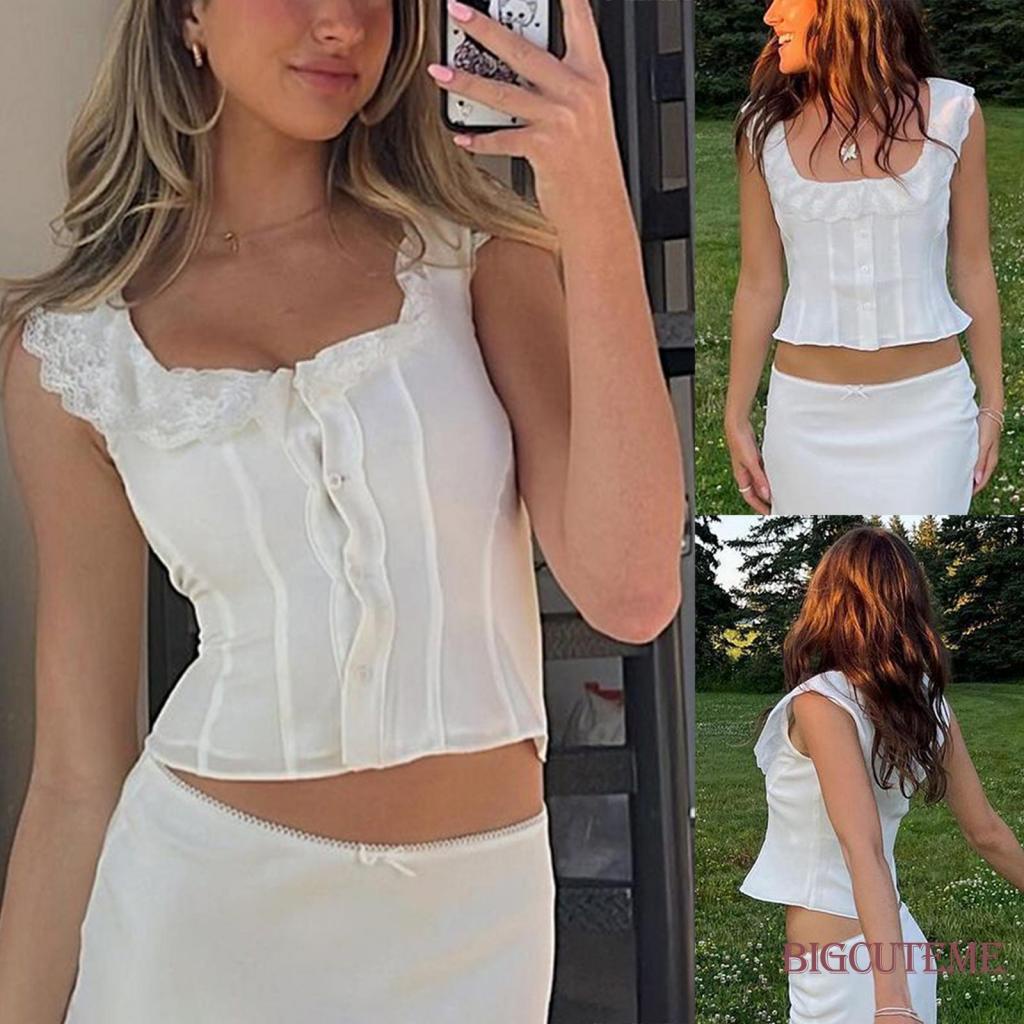[] Áo Crop Top Ren Không Tay Màu Trắng Cài Nút Thời Trang Mùa Hè Cho Nữ
