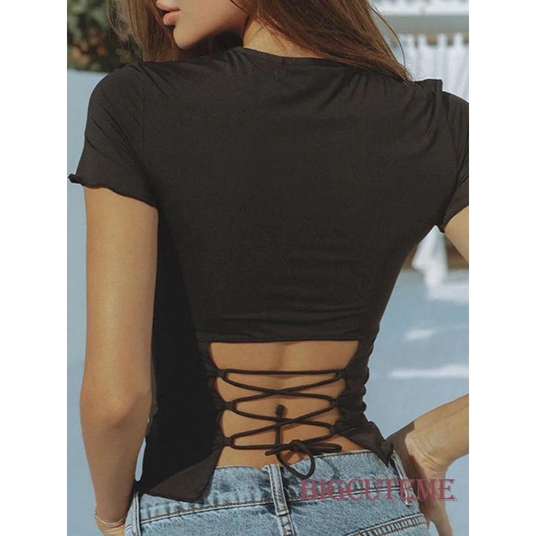 Áo Croptop Tay Ngắn Cổ Tròn Màu Trắng / Đen Thời Trang Mùa Hè Cho Nữ