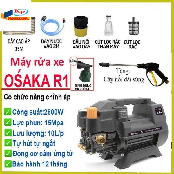 Máy rửa xe chỉnh áp Osaka R1 thế hệ mới tặng bình xịt bot tuyết ống nối dài dây 15m kim phát