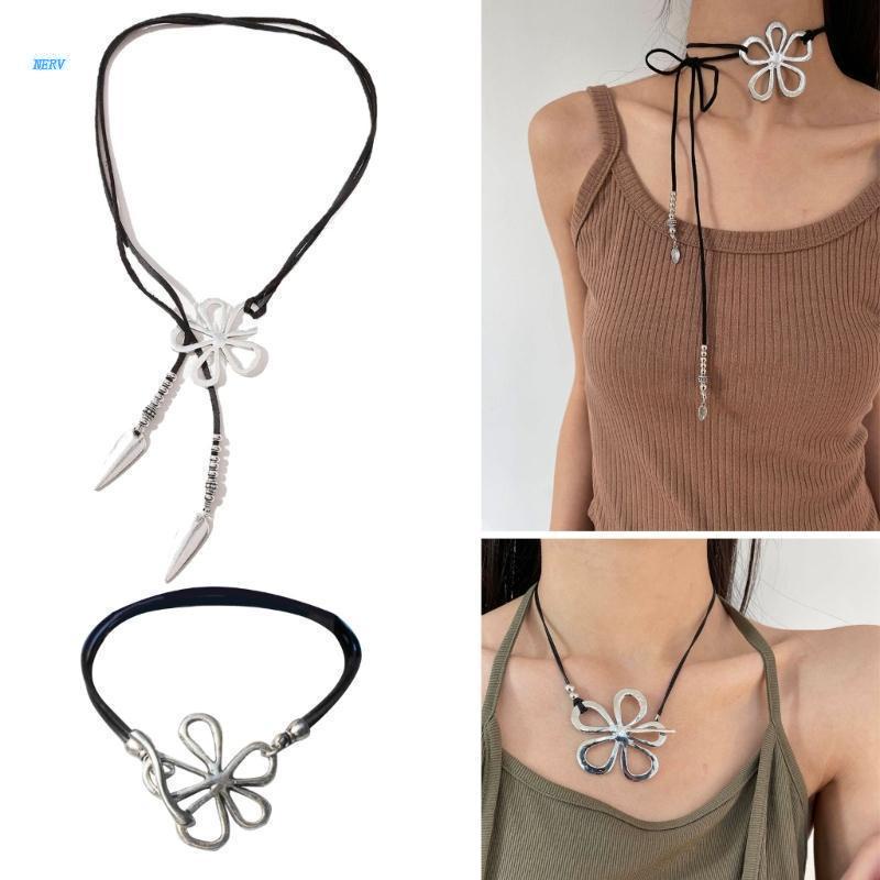 Vòng cổ Da Phối Mặt Hoa Kim Loại Phong Cách Bohemian