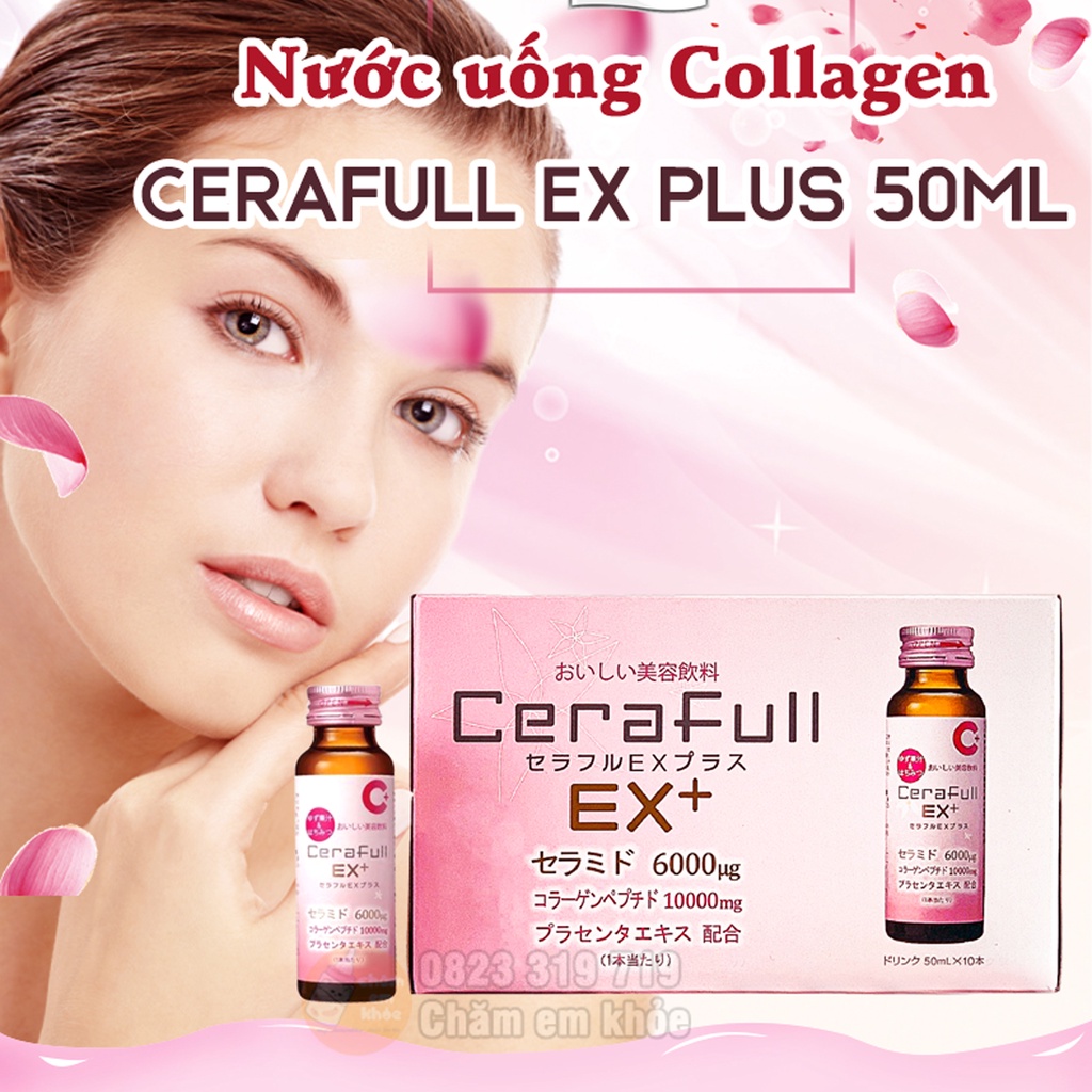 Nước Collagen Cerafull EX Plus Nhật Bản 50mL Hộp 10 lọ cho tuổi từ 25 tuổi - Da sáng đẹp với hàm lượng Collagen cao