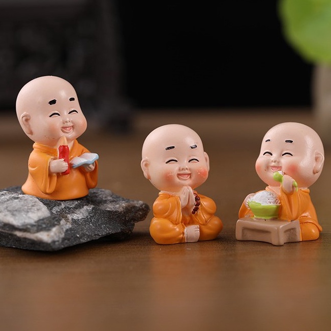 Mô Hình Tiểu Cảnh "Bộ tượng Chú Tiểu nhà sư nhỏ nghịch ngợm Mini" Trang Trí Sen Đá, Sân Vườn/ Chậu Cây, DYI, Terrarium
