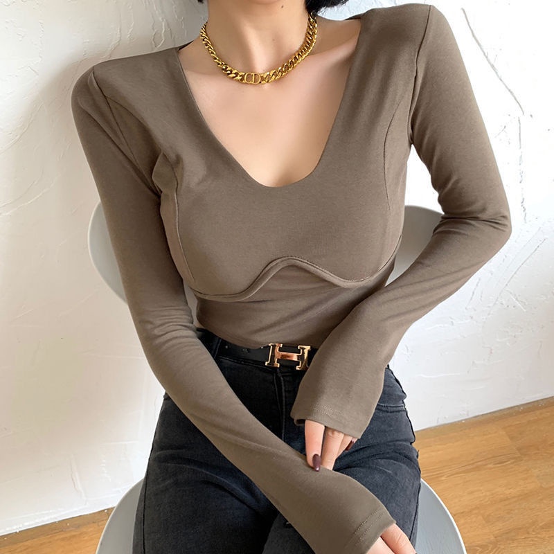 IELGY  Áo Thun Lửng Tay Dài Cổ Chữ v Phong Cách Phương Tây Cho Nữ